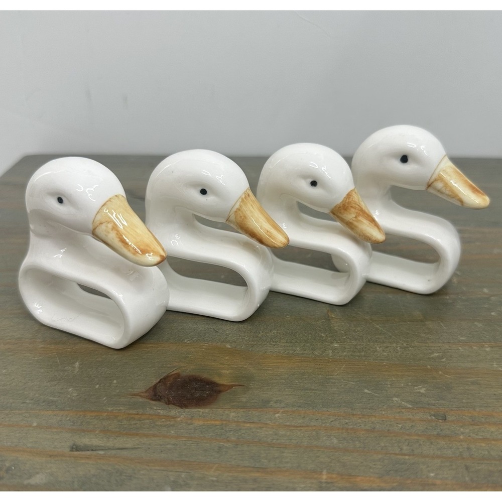 Set Of 4 Ceramic White Duck Napkin Ring Holders Handmade Hand Painted 2.5"